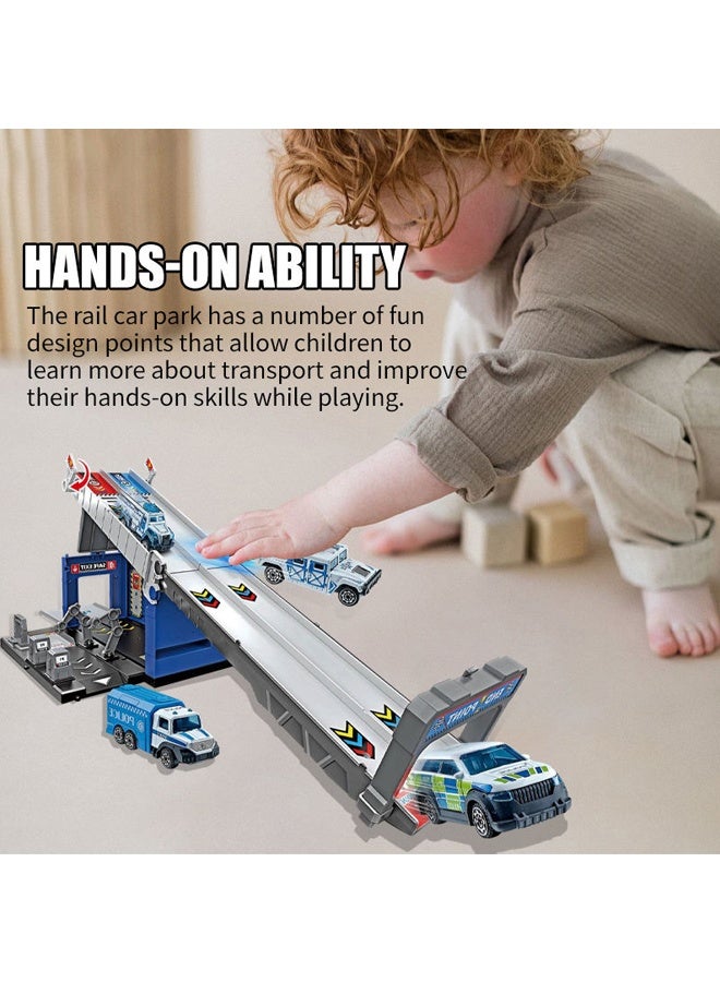 Die-Cast Vehicles, Storage & Ejection Competitive Track Parking Lot, Race Car Track Toy Truck Set with Foldable Race Tracks, Transport Car Carrier for Toddlers, Cars Toy Set Container Truck with 4 Alloy Cars, Vehicles Toy Set for 3+ Kids Boys & Girls  - Image 3