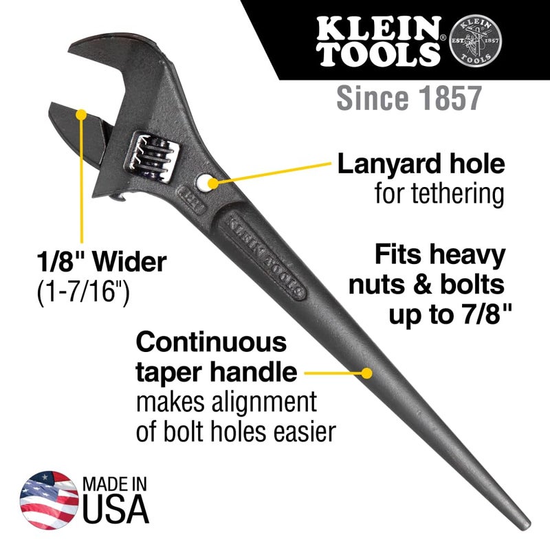 Klein Tools 3227 Extra Wide Adjustable Wrench, Made in USA, Construction Spud Wrench for Up to 1-7/16-Inch Nuts and Bolts, 10-Inch, with Tether Hole - Image 2