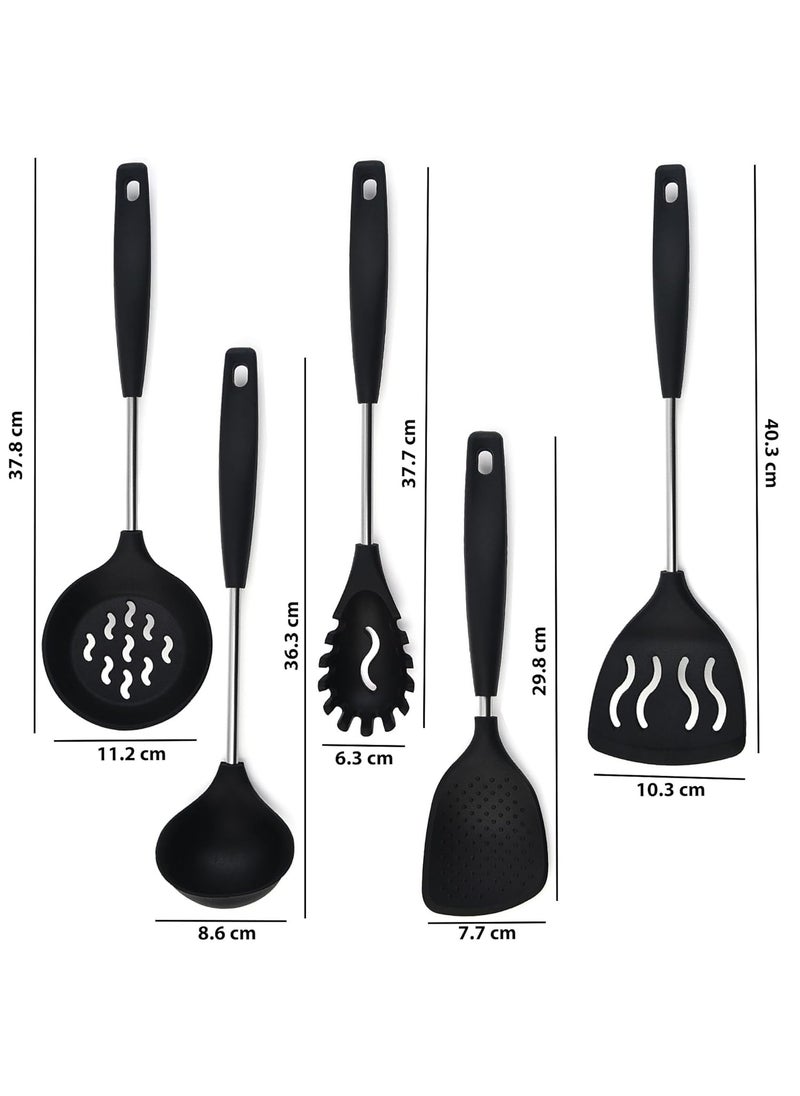 P-Plus International - PPlus International Karandi Set Ladles for Cooking Noodle Spoon Server Silicone Pasta Fork Rice Spatula Rice Serving Spoons Cooking Skimmer Cooking Spoon Set for Kitchen Set of 5 Black - Image 1