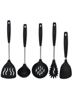 PPlus International Karandi Set Ladles for Cooking Noodle Spoon Server Silicone Pasta Fork Rice Spatula Rice Serving Spoons Cooking Skimmer Cooking Spoon Set for Kitchen Set of 5 Black
