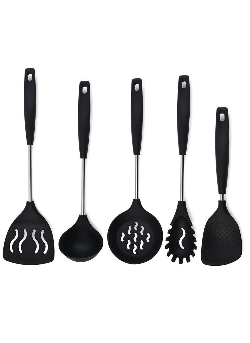 P-Plus International - PPlus International Karandi Set Ladles for Cooking Noodle Spoon Server Silicone Pasta Fork Rice Spatula Rice Serving Spoons Cooking Skimmer Cooking Spoon Set for Kitchen Set of 5 Black - Image 1