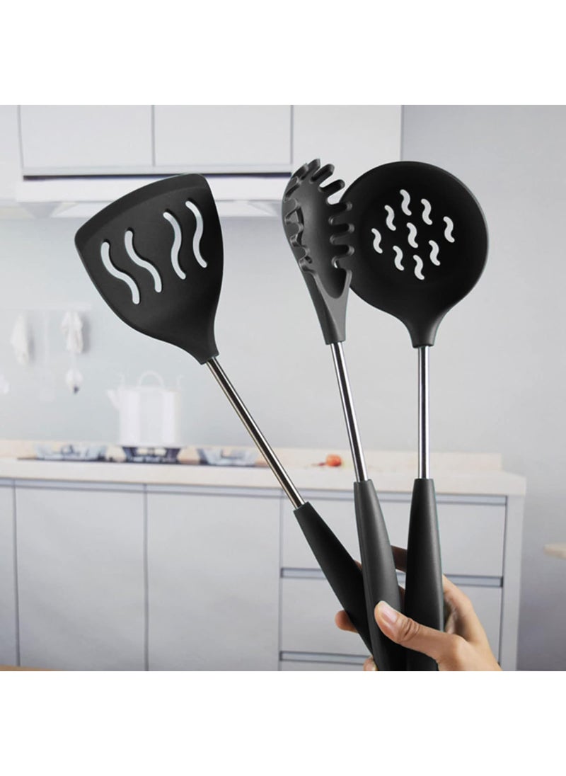 P-Plus International - PPlus International Karandi Set Ladles for Cooking Noodle Spoon Server Silicone Pasta Fork Rice Spatula Rice Serving Spoons Cooking Skimmer Cooking Spoon Set for Kitchen Set of 5 Black - Image 1
