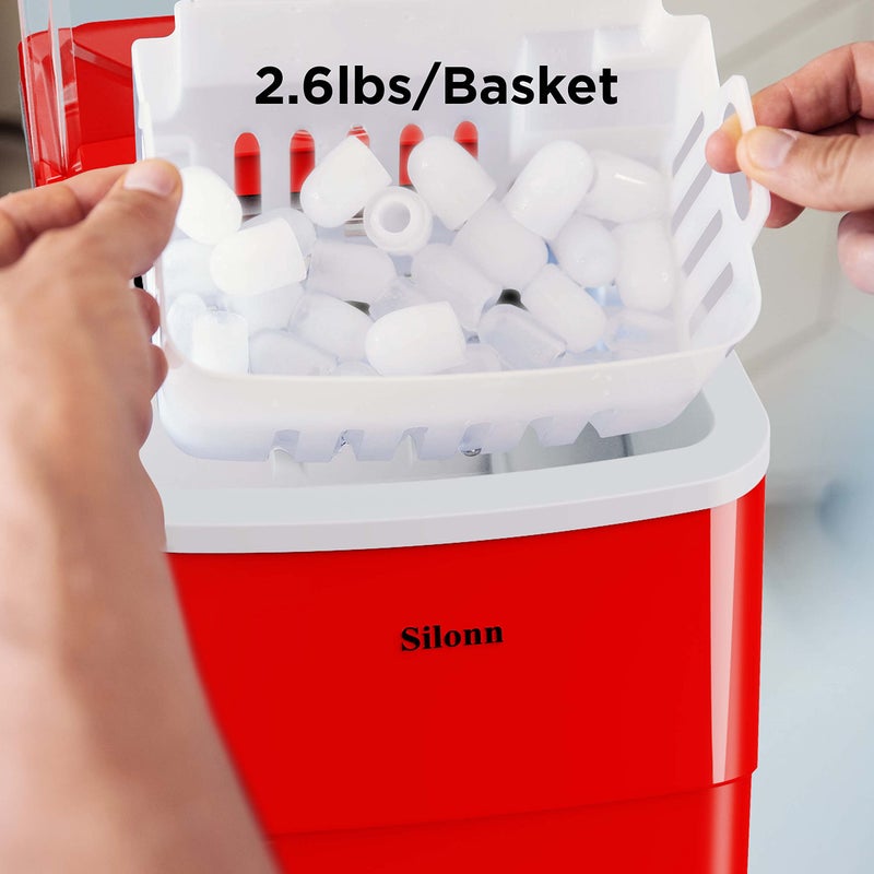 Silonn Silonn Ice Makers Countertop, 9 Cubes Ready in 6 Mins, 26lbs in 24Hrs, Self-Cleaning Ice Machine with Ice Scoop and Basket, 2 Sizes of Bullet Ice for Home Kitchen Office Bar Party, Red  - Image 5