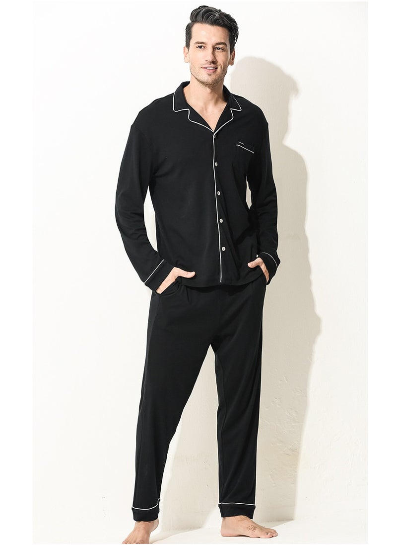 إسكدنيا Men's Casual Long Sleeve Lapel Shirt And Pants Set 2-Piece Set Skin-Friendly Pyjamas Sleepwear Lounge Wear Black  - Image 1
