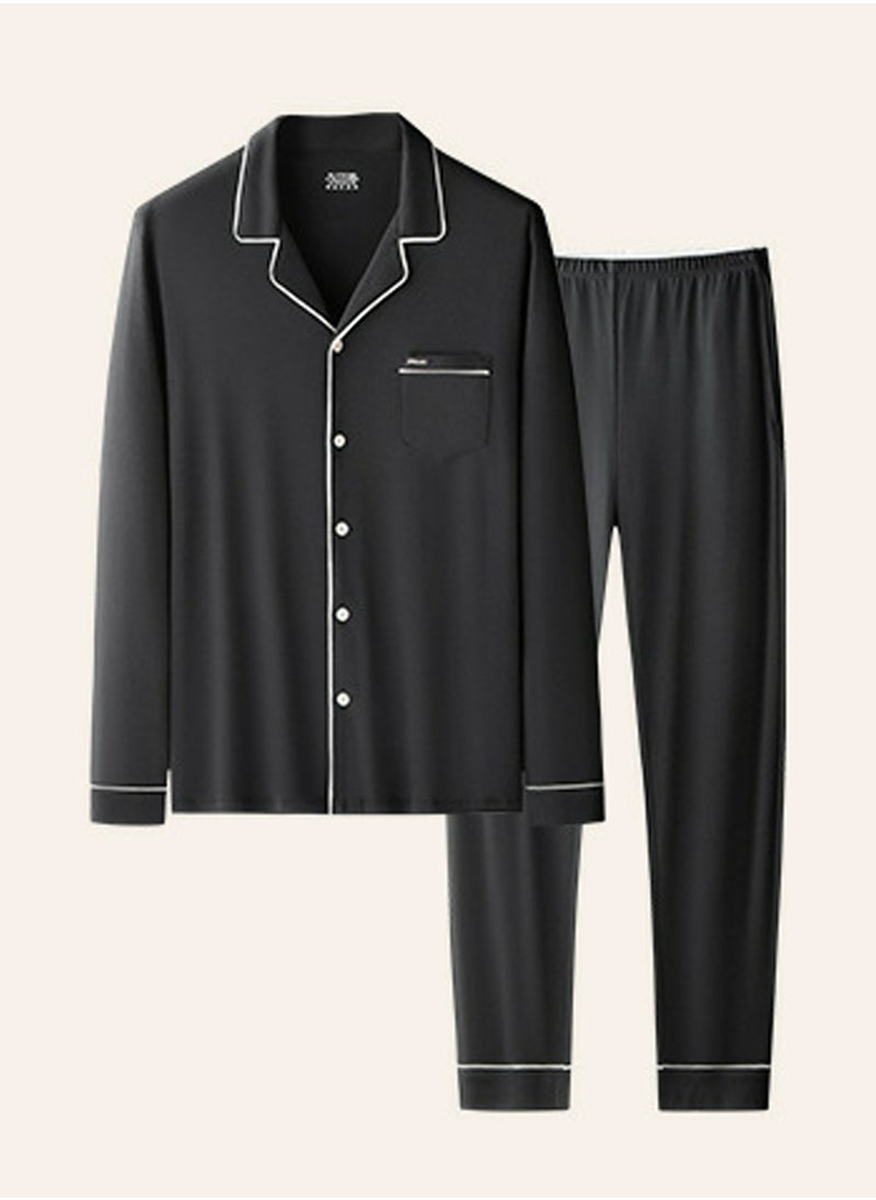 إسكدنيا Men's Casual Long Sleeve Lapel Shirt And Pants Set 2-Piece Set Skin-Friendly Pyjamas Sleepwear Lounge Wear Black  - Image 2