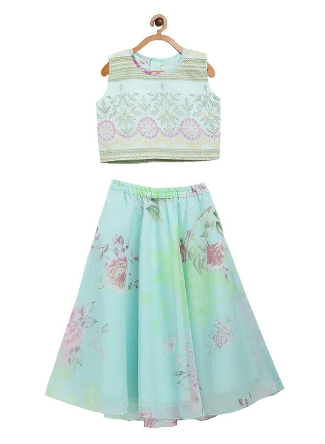 Ahalyaa Girls Aqua Blue Organza Printed Lehenga Choli For Kids (35K-308-COM-KDTPSK-5-6Y-RL) - Image 1