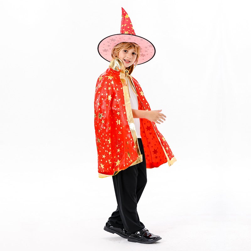 Cross-border Halloween childrens cosplay cape spot five-star cape cos masquerade stage performance clothing The magician cape red 120cm "send hat]