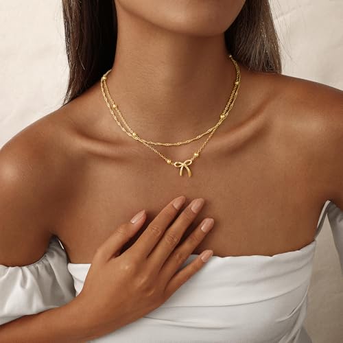 Yoosteel Bow Necklaces for Women - Dainty 14K-Gold-Plated Bow Choker Necklaces Small Pendant Necklaces for Teenage Girl Women Trendy Gift Jewelry - Image 3
