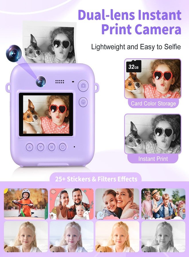 Sevenat Digital Camera for Kids Instant Print, 48MP Dual-Lens Kids Camera for Girls Boys Christmas Birthday Gifts, 1080P Video Selfie Instant Cameras, Portable Toddler for 4-12 Years with 32GB Card-Purple - Image 3