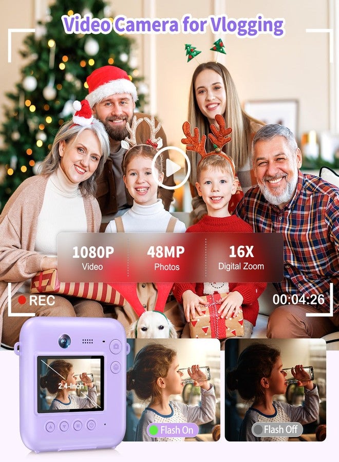 Sevenat Digital Camera for Kids Instant Print, 48MP Dual-Lens Kids Camera for Girls Boys Christmas Birthday Gifts, 1080P Video Selfie Instant Cameras, Portable Toddler for 4-12 Years with 32GB Card-Purple - Image 4