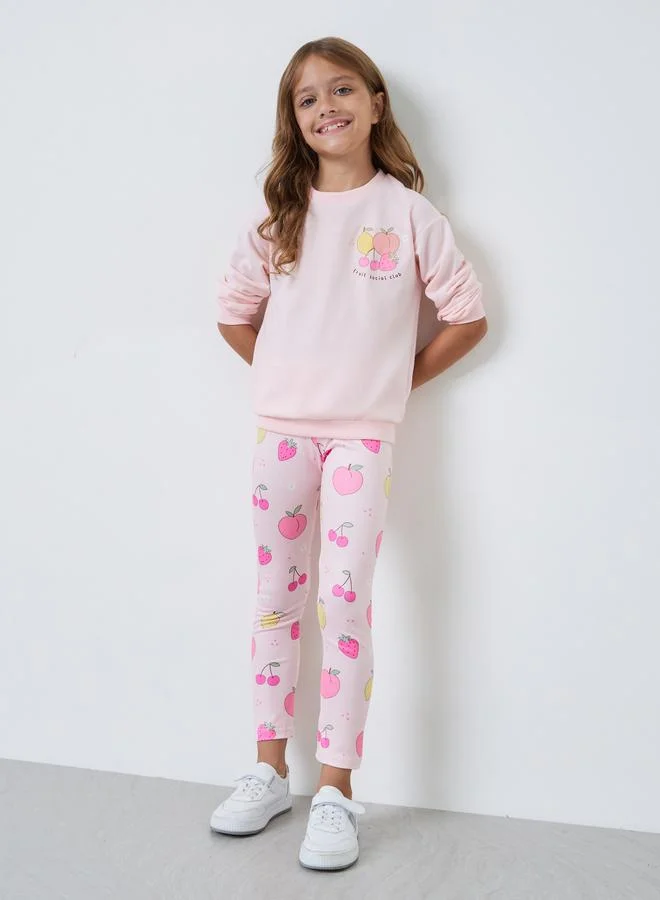 Styli Girls Peach Fruit Graphic Sweatshirt and Leggings Set