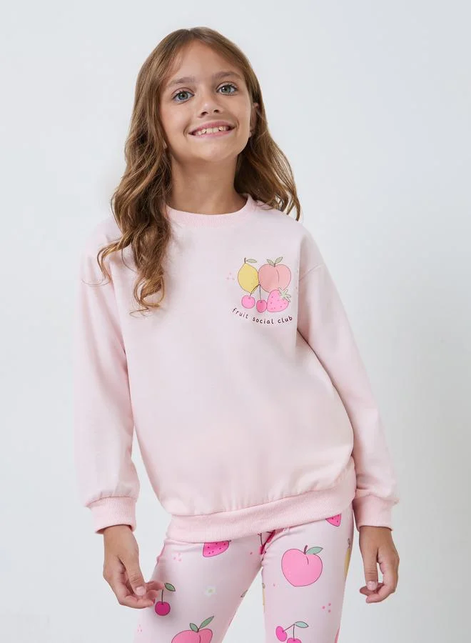 Styli Girls Peach Fruit Graphic Sweatshirt and Leggings Set