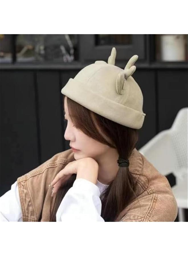 Beanie Hats for Women Men Skull Cap with Reindeer Antlers Brimless Cap Adjustable Docker Cap - Image 2