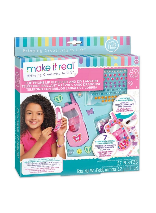 3C4G Make It Real Flip Phone Lip Gloss Set & DIY Lanyard - 7 Strawberry-Scented Lip Gloss Colors - Decorate with Gems & Stickers - Fun Makeup Kit for Girls for Kids Ages 6+ - Image 1