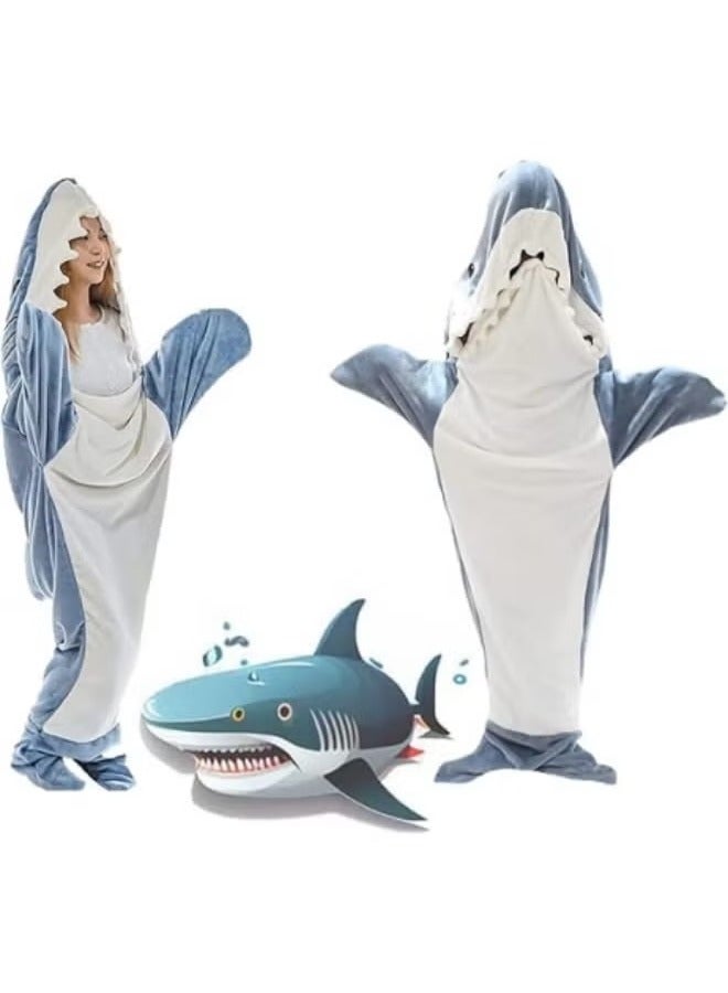 OMEVE Shark Blanket, Shark Blanket Hoodie Adult,Wearable Shark Blanket Adult or Shark Sleeping Bag, Blue - Image 1