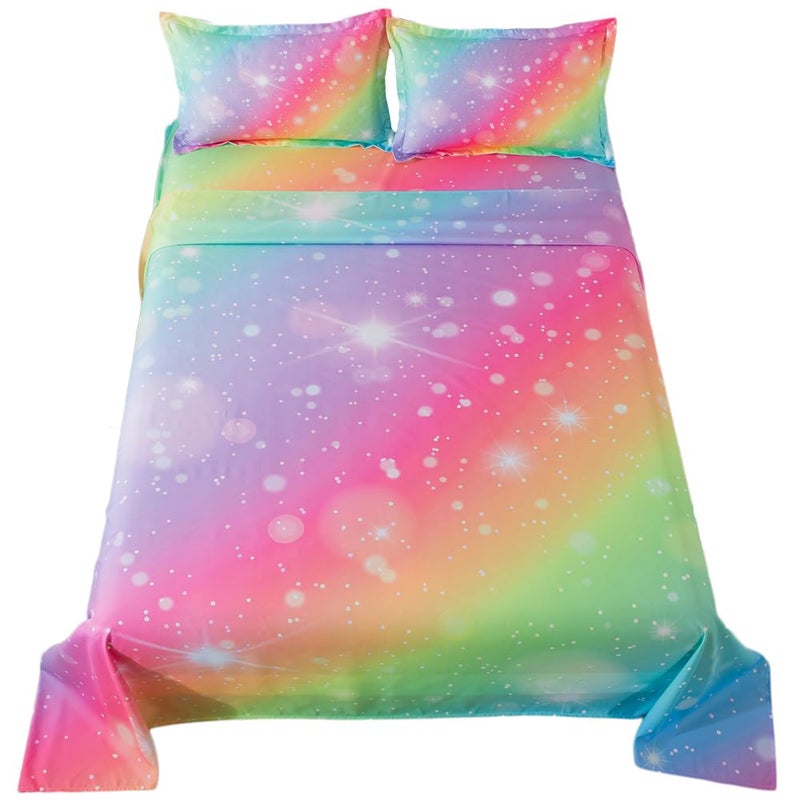 ADASMILE A & S ADASMILE A & S Rainbow Fitted Sheet for Girls 4 Pieces Rainbow Sheets Full for Kids Tie Dye Pastel Glitter Rainbow Bed Sheet for Kids Teens Girls Rainbow Bedding for Girls Sheets with Sparkling Star  - Image 1