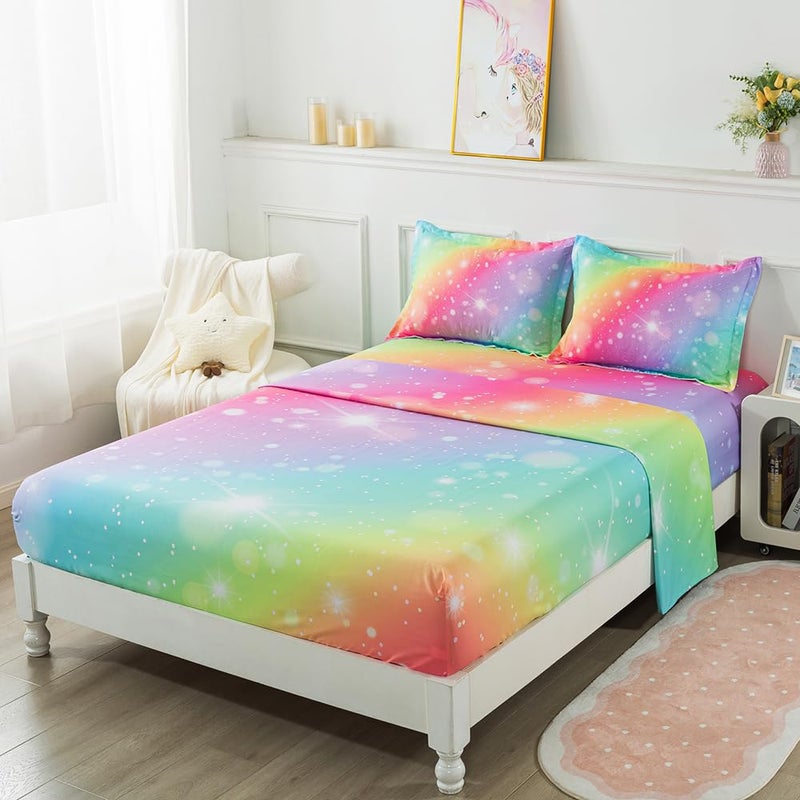ADASMILE A & S ADASMILE A & S Rainbow Fitted Sheet for Girls 4 Pieces Rainbow Sheets Full for Kids Tie Dye Pastel Glitter Rainbow Bed Sheet for Kids Teens Girls Rainbow Bedding for Girls Sheets with Sparkling Star  - Image 3