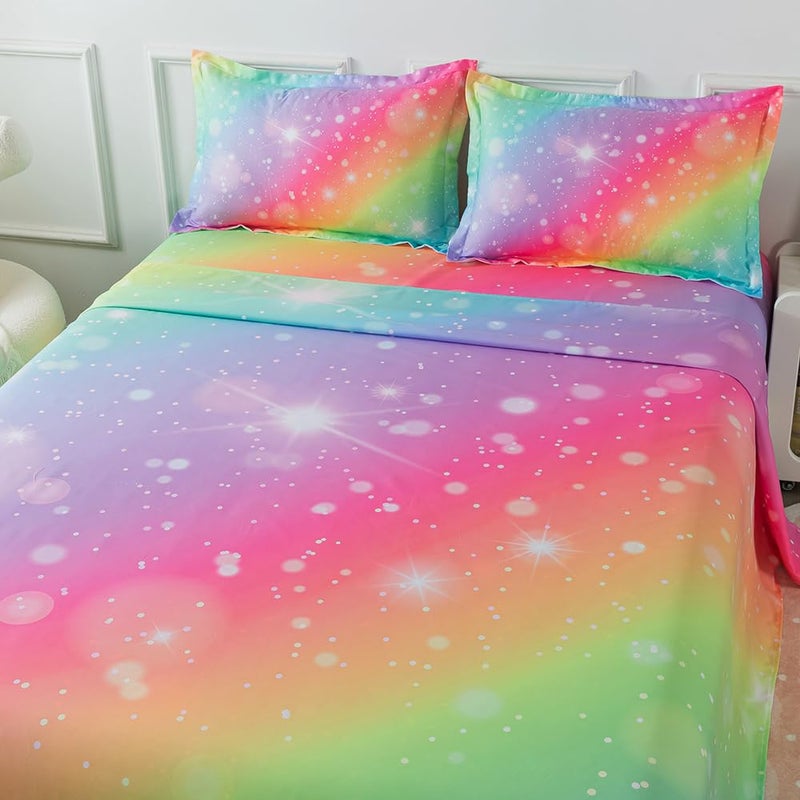 ADASMILE A & S ADASMILE A & S Rainbow Fitted Sheet for Girls 4 Pieces Rainbow Sheets Full for Kids Tie Dye Pastel Glitter Rainbow Bed Sheet for Kids Teens Girls Rainbow Bedding for Girls Sheets with Sparkling Star  - Image 2