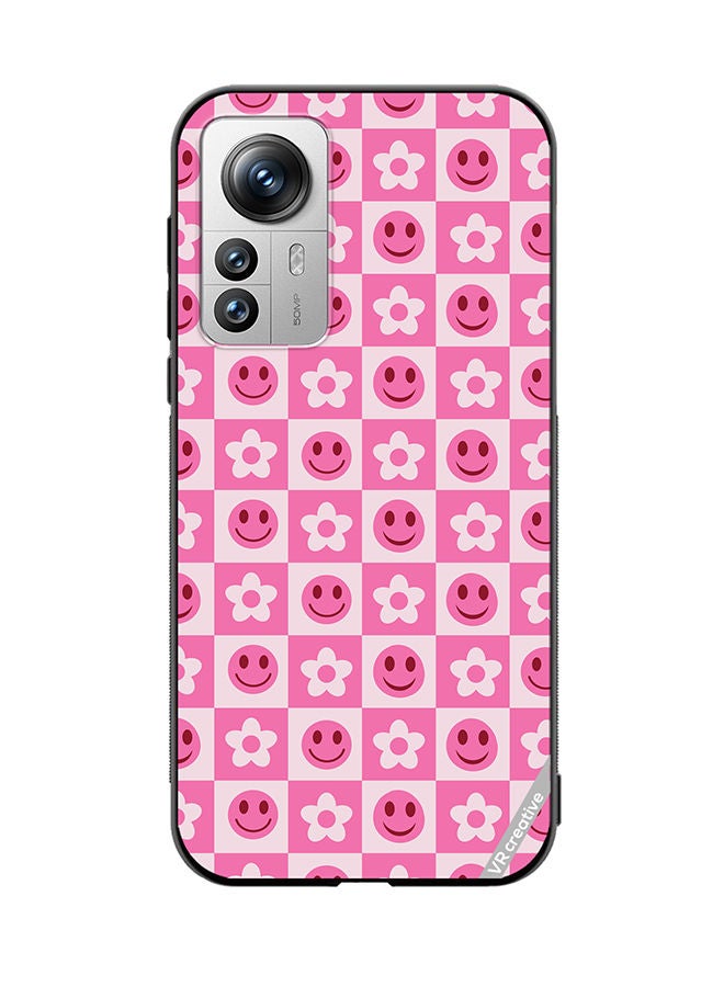 VR CREATIVE Protective Case Cover For Xiaomi 12 Pro Checkered Hot Pink Retro Flowers And Happy Faces Seamless Pattern Design Multicolour - Image 1