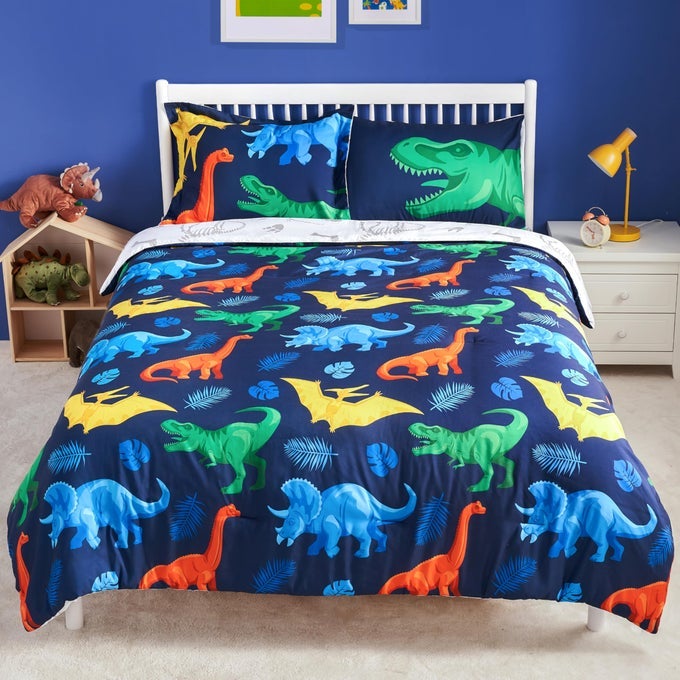 KID TWIN COMFORTER SET 5 PIECE DINOSAUR BEDDING SET FOR BOYS GIRLS SUPER SOFT MICROFIBER BED IN A BAG WITH COMFORTER SHEETS PILLOWCASE SHAM