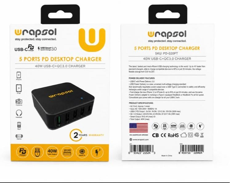 40W wrapsol Desktop Charger with 5 Ports (1 USB-C+ 4USB-A), Fast Charging