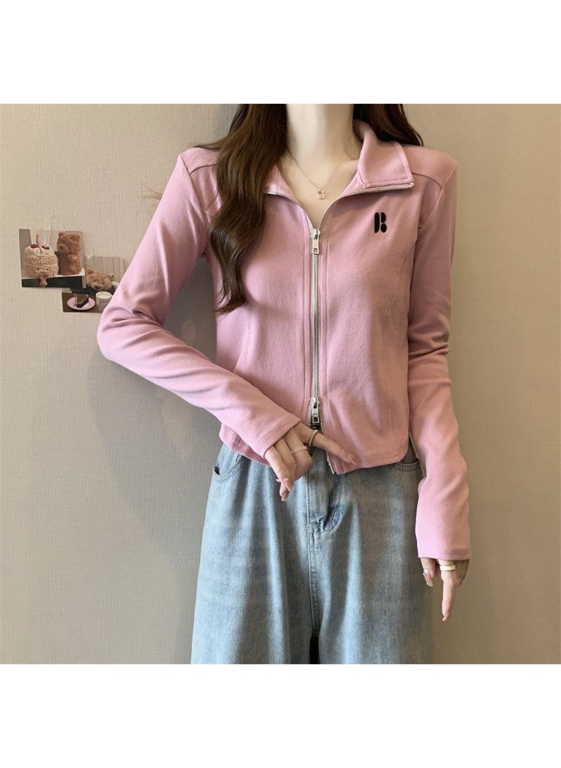 Generic - Stylish Embroidery Design Womens Autumn Korean Version Slimming Zipper-Up Polo Collar Plus Size Top Polyester Fiber Full Sleeve Gray - Image 1