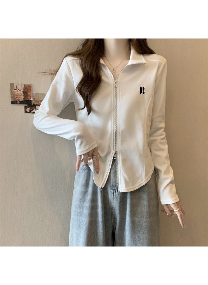 Generic - Stylish Embroidery Design Womens Autumn Korean Version Slimming Zipper-Up Polo Collar Plus Size Top Polyester Fiber Full Sleeve Gray - Image 1