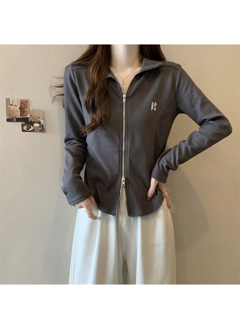 Generic - Stylish Embroidery Design Womens Autumn Korean Version Slimming Zipper-Up Polo Collar Plus Size Top Polyester Fiber Full Sleeve Gray - Image 1