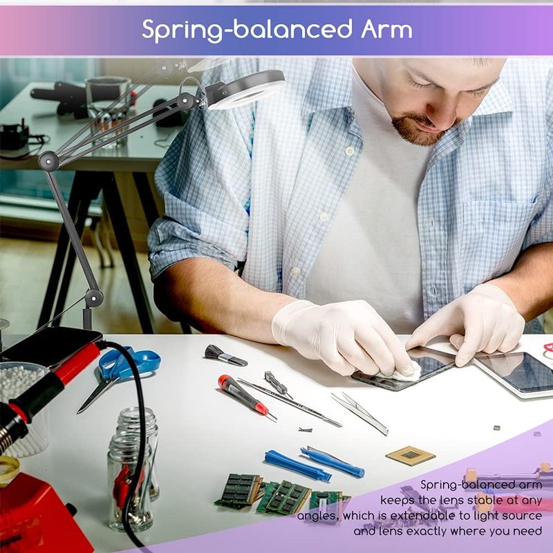 كلاراكو مصباح تكبير أرضي 5 مرات، عدسة مكبرة LED متحركة، ضوء للوجه، حامل أرضي دوار، صالون تجميل، عناية بالبشرة، وشم، مانيكير، معدات مع عنق إوزة قابل للتعديل - أسود - Image 5