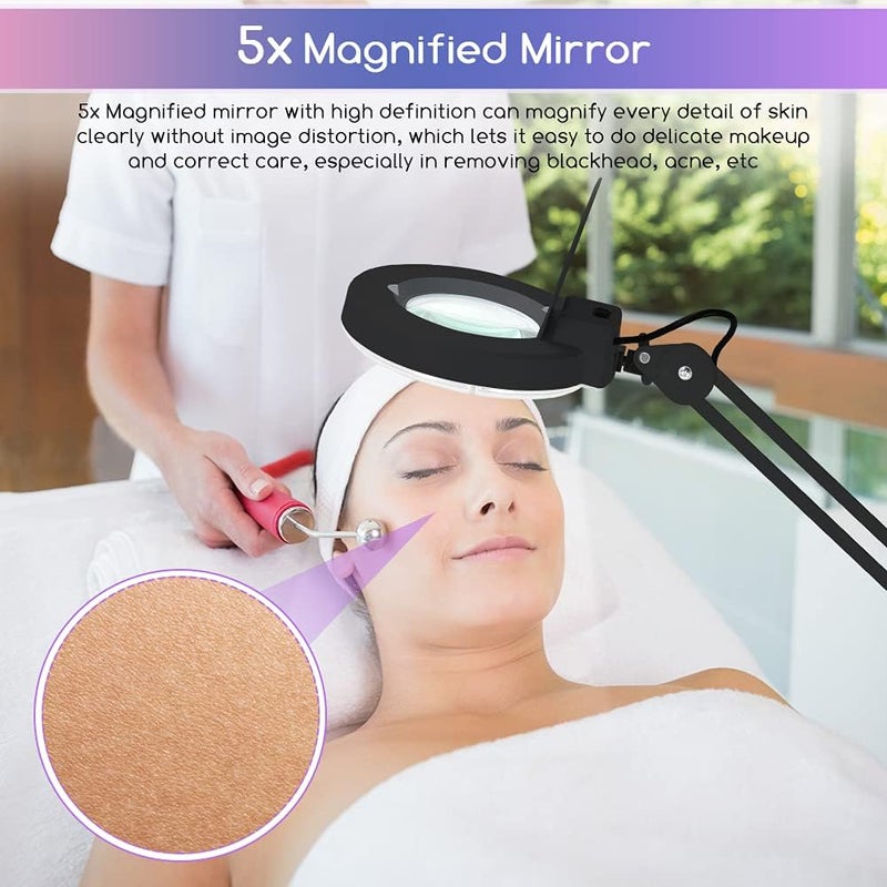 كلاراكو مصباح تكبير أرضي 5 مرات، عدسة مكبرة LED متحركة، ضوء للوجه، حامل أرضي دوار، صالون تجميل، عناية بالبشرة، وشم، مانيكير، معدات مع عنق إوزة قابل للتعديل - أسود - Image 2