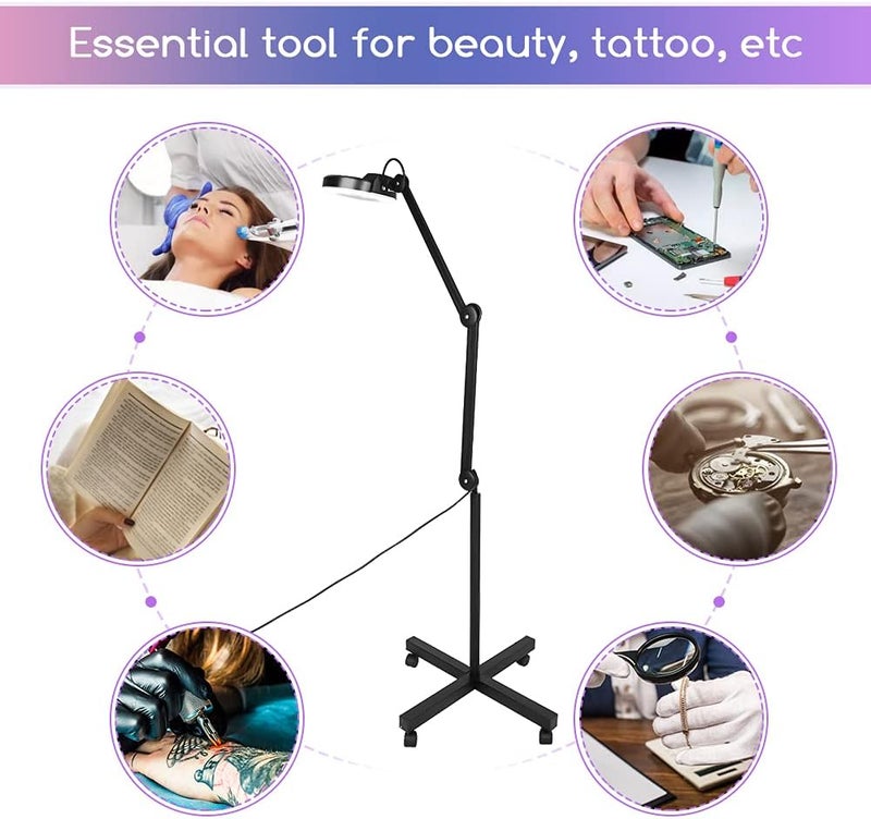 كلاراكو مصباح تكبير أرضي 5 مرات، عدسة مكبرة LED متحركة، ضوء للوجه، حامل أرضي دوار، صالون تجميل، عناية بالبشرة، وشم، مانيكير، معدات مع عنق إوزة قابل للتعديل - أسود - Image 4