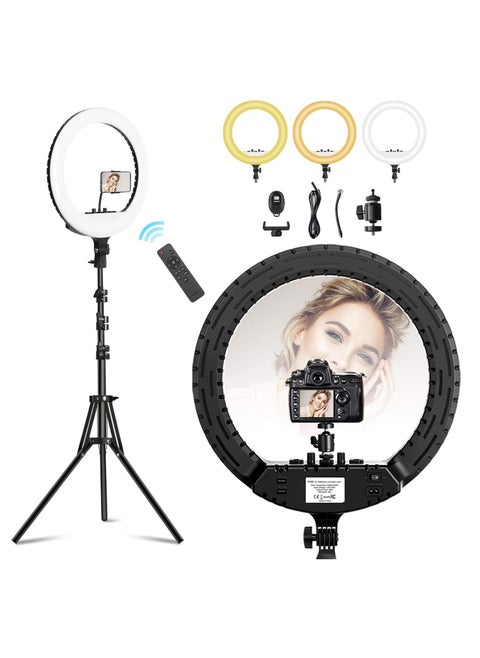 Ring Light with Tripod Stand and Phone Holder 46cm, Dimmable LED Ring Light with 3 Colors and 10 Brightness Levels for YouTube/TikTok/Live Streaming/Video Shooting/Makeup