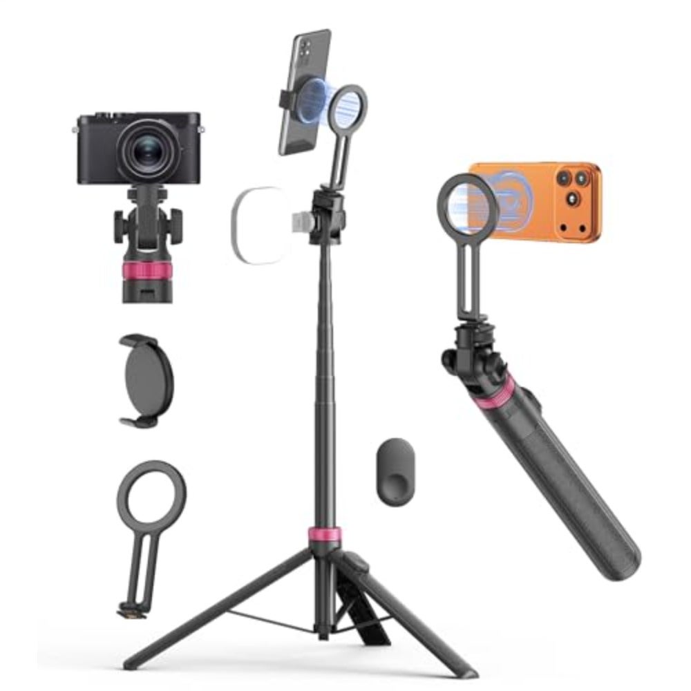 175cm Magnetic Selfie Stick Phone Tripod for Outdoor Photography, Aluminum Alloy, Black, Magsafe-Compatible Quick-Release Mount