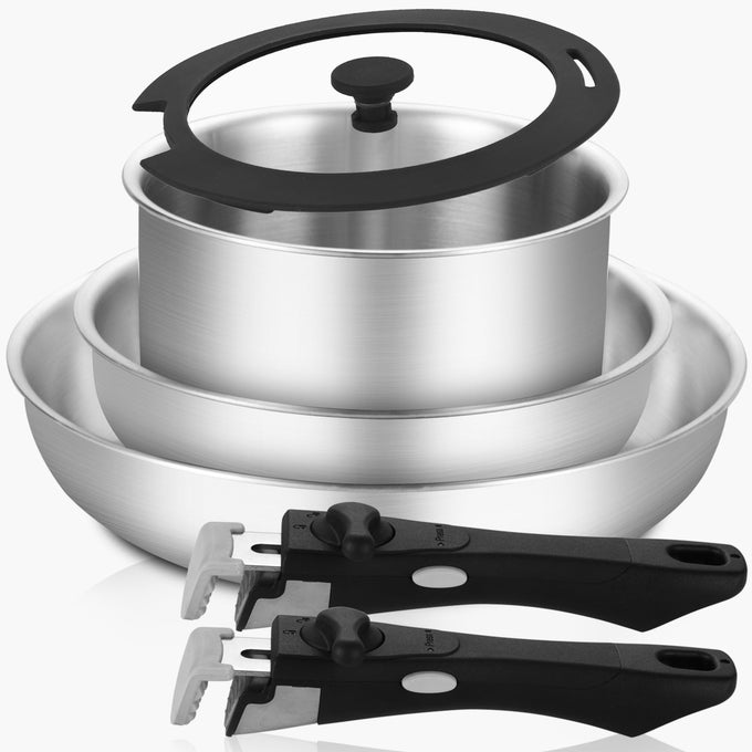 TRIPLY STAINLESS STEEL COOKWARE SET WITH DETACHABLE HANDLE REMOVABLE HANDLE POTS AND PANS SET 6PCS INDUCTION KITCHEN COOKING SET FOR HOME RV CAMPING DISHWASHER AND OVEN SAFE