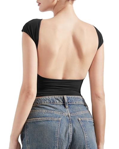 SUUKSESS Women Backless Sexy Going Out Crop Tops Double Lined Open Back Y2k Basic Tee Shirts (Jet Black, M) - Image 1
