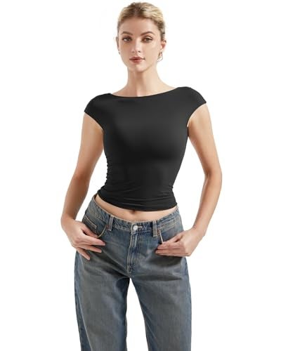 SUUKSESS Women Backless Sexy Going Out Crop Tops Double Lined Open Back Y2k Basic Tee Shirts (Jet Black, M) - Image 3
