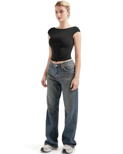 SUUKSESS Women Backless Sexy Going Out Crop Tops Double Lined Open Back Y2k Basic Tee Shirts (Jet Black, M) - Image 5