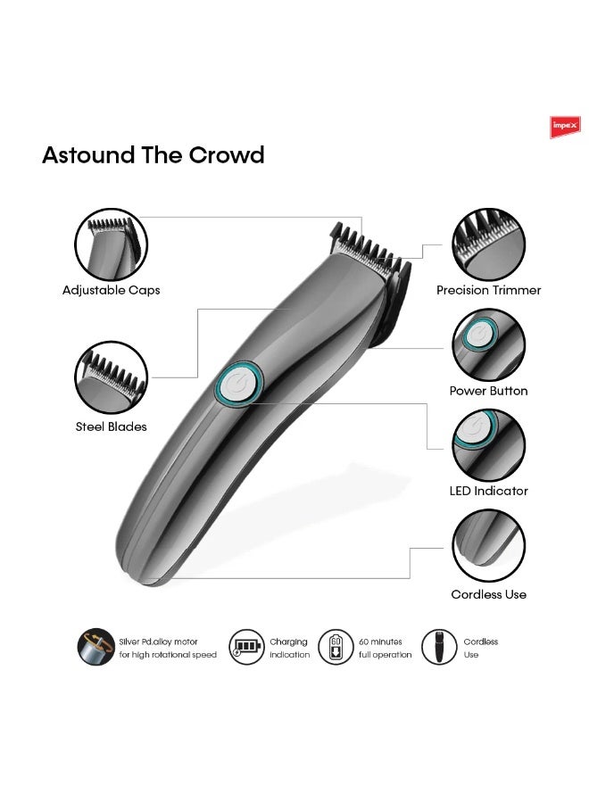 Impex IHC3 Hair Trimmer for Men | Rechargeable Cordless Beard & Moustache Trimmer | Stainless Steel Blade | 4 Length Settings 0.5-5mm | 45 Min Battery Runtime - Image 3