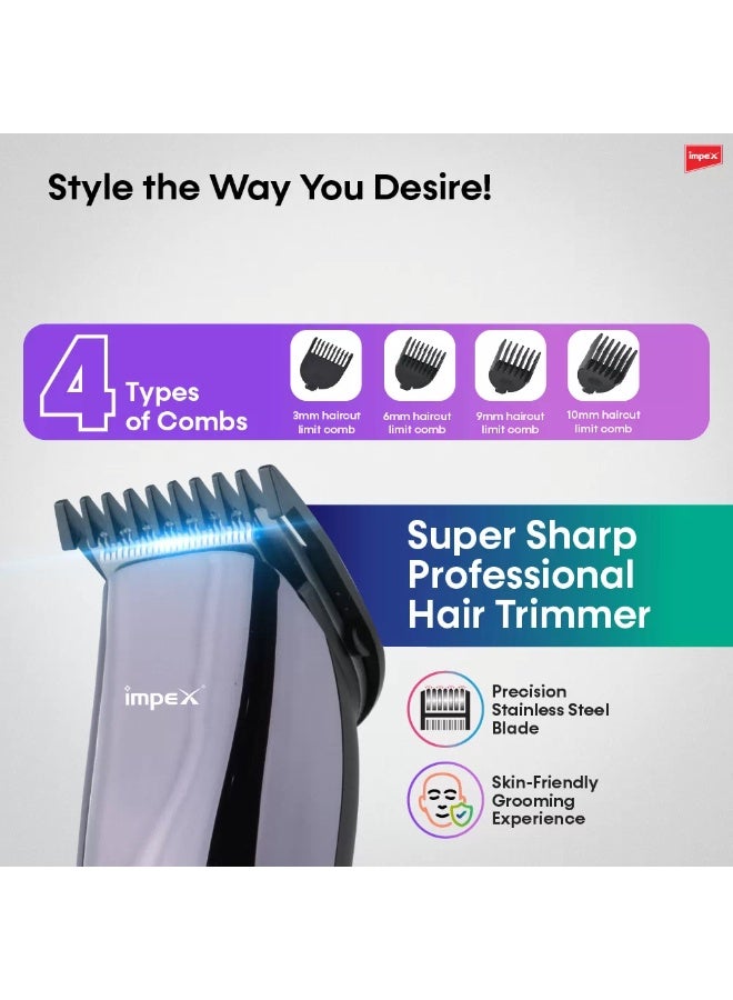 Impex IHC3 Hair Trimmer for Men | Rechargeable Cordless Beard & Moustache Trimmer | Stainless Steel Blade | 4 Length Settings 0.5-5mm | 45 Min Battery Runtime - Image 4