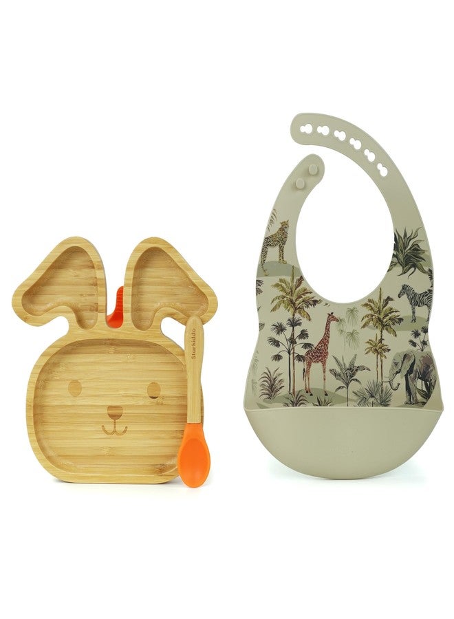 StarKiddo® Bunny Bamboo Suction Plate for Baby and Toddler with Adjustable Printed Bib and Weaning Spoon|BPA Free Non-Toxic | Baby-led weaning Supplies for Toddler Self-Feeding(Combo-Orange) - Image 1