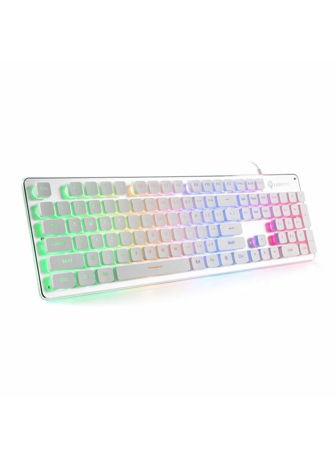 LANGTU Membrane Gaming Keyboard Rainbow LED Backlit Quiet Keyboard for Office USB Wired All-Metal Panel 25 Keys Anti-ghosting Computer Keyboard 104 Keys - L1 White/Silver - Image 1