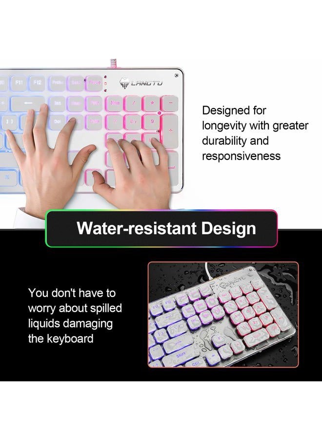 LANGTU Membrane Gaming Keyboard Rainbow LED Backlit Quiet Keyboard for Office USB Wired All-Metal Panel 25 Keys Anti-ghosting Computer Keyboard 104 Keys - L1 White/Silver - Image 4