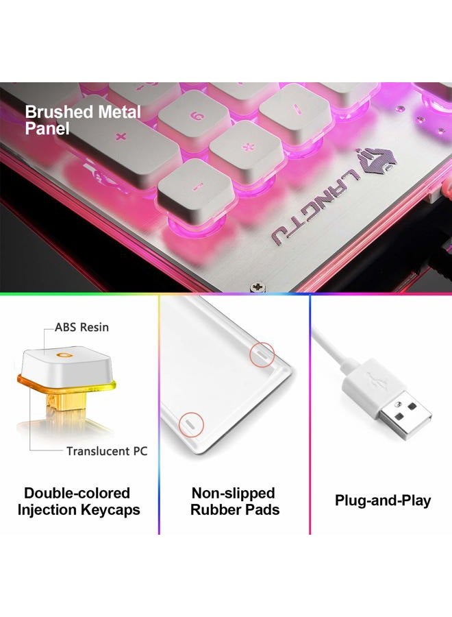 LANGTU Membrane Gaming Keyboard Rainbow LED Backlit Quiet Keyboard for Office USB Wired All-Metal Panel 25 Keys Anti-ghosting Computer Keyboard 104 Keys - L1 White/Silver - Image 3