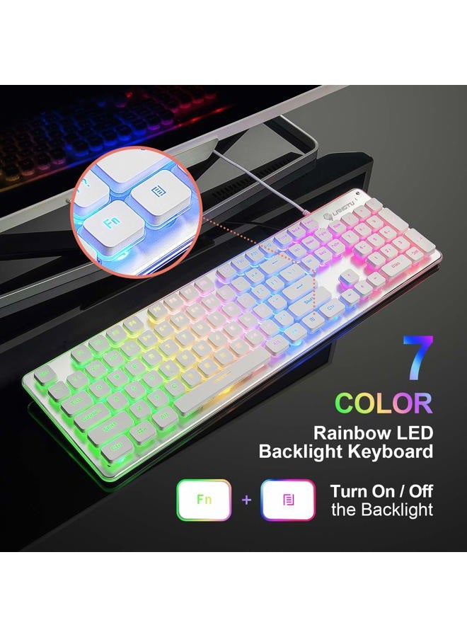 LANGTU Membrane Gaming Keyboard Rainbow LED Backlit Quiet Keyboard for Office USB Wired All-Metal Panel 25 Keys Anti-ghosting Computer Keyboard 104 Keys - L1 White/Silver - Image 2
