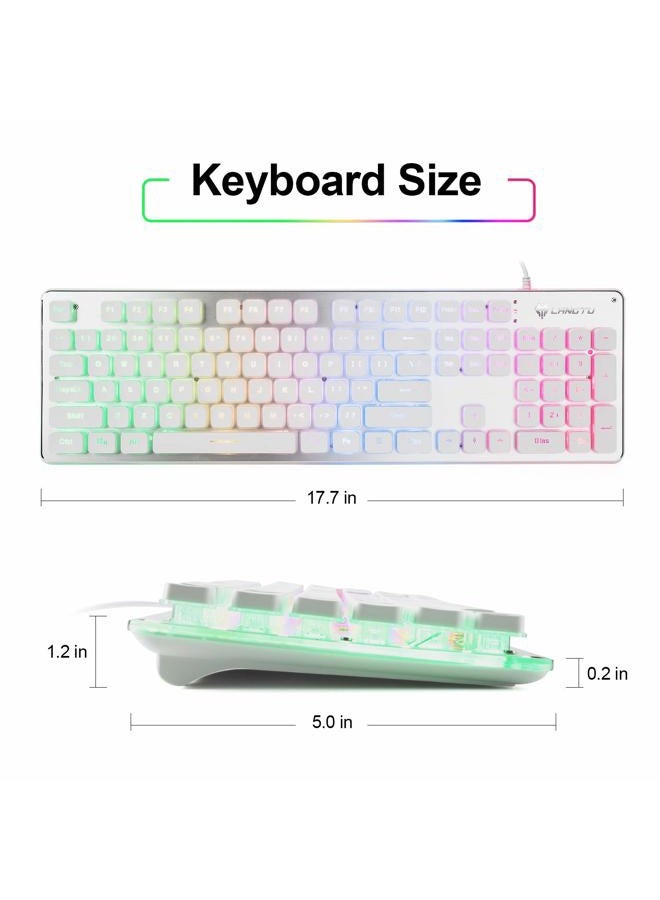 LANGTU Membrane Gaming Keyboard Rainbow LED Backlit Quiet Keyboard for Office USB Wired All-Metal Panel 25 Keys Anti-ghosting Computer Keyboard 104 Keys - L1 White/Silver - Image 5