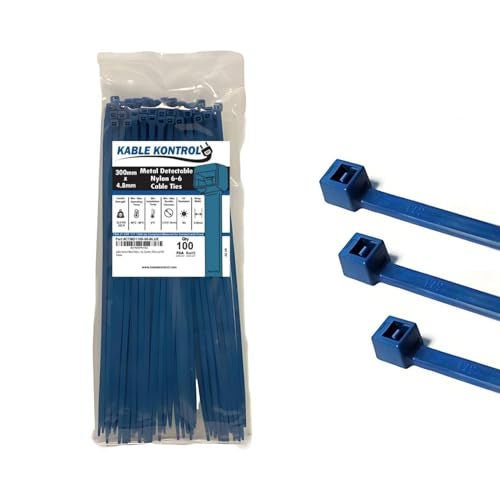 Kable Kontrol Metal Detectable Blue Zip Ties 100 Pcs 11 Inch, 50 Lbs Tensile Strength, Iron Infused Self-Locking Industrial Cable Ties - Image 1