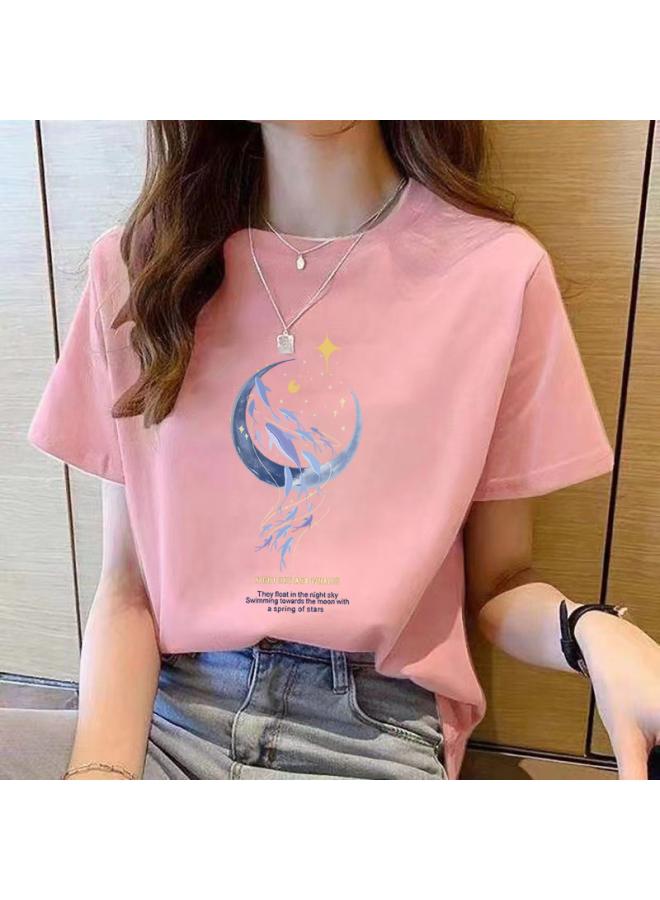 Song Feng Ya Loose Cotton Short-sleeved T-shirt Women's Summer New Style Beautiful Top Design Sense Printed Sweatshirt Women's Round Neck Spring And Autumn 