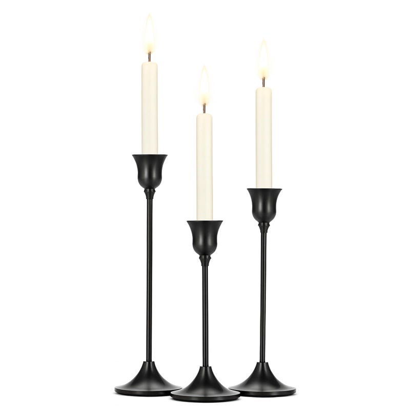 Tifanso Black Candle Stick Holder - 3PCS Taper Pillar Tall Candlestick Holders, Metal Vintage Decor, Dinner Table Dining Room Centerpieces Decorations for Wedding Fireplace Mantel Housewarming Gift - Image 1