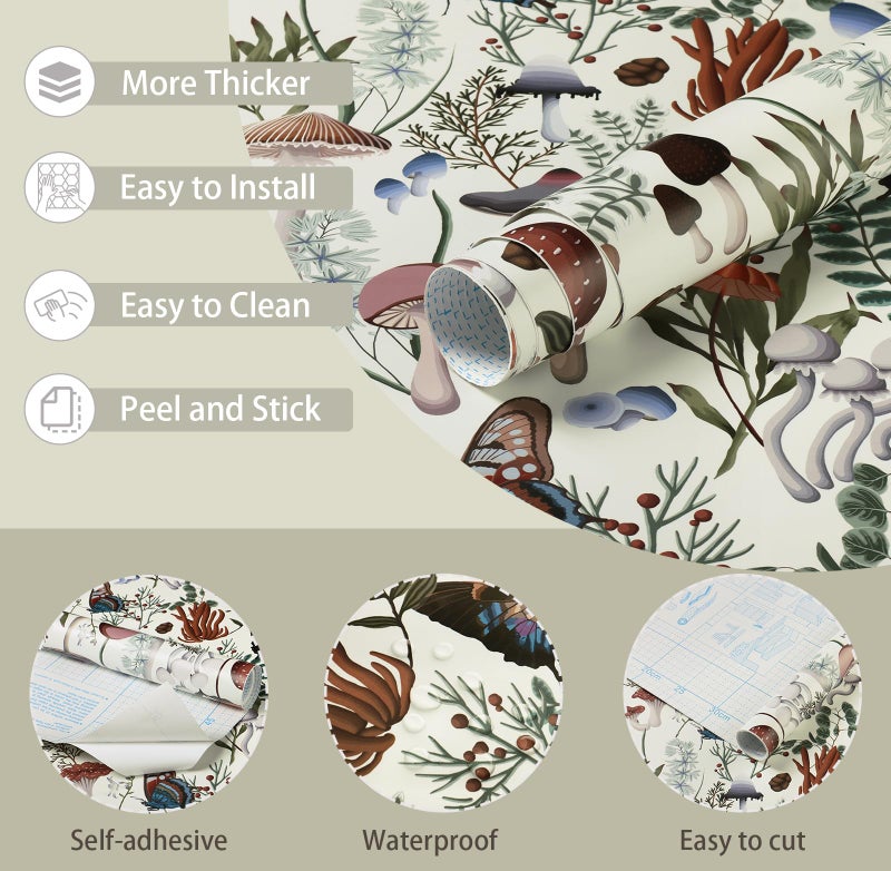 EeeComing Mushroom Wallpaper Peel and Stick Boho Wallpaper Mushroom Contact Paper Removable Wall Paper for Bedroom Living Room Bookcase Bathroom Self Adhesive Vinyl 78.7" x 16.14" - Image 2