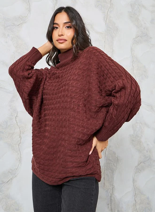 Styli Oversized Textured High Neck Batwing Sleeve Sweater